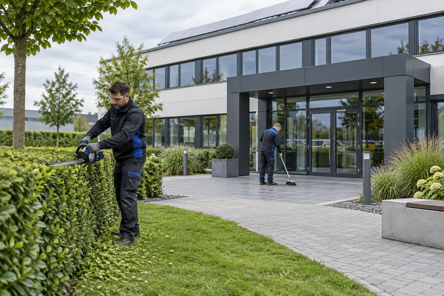 Professionelle Pflege von Grünflächen und Außenanlagen an einem Gewerbeobjekt