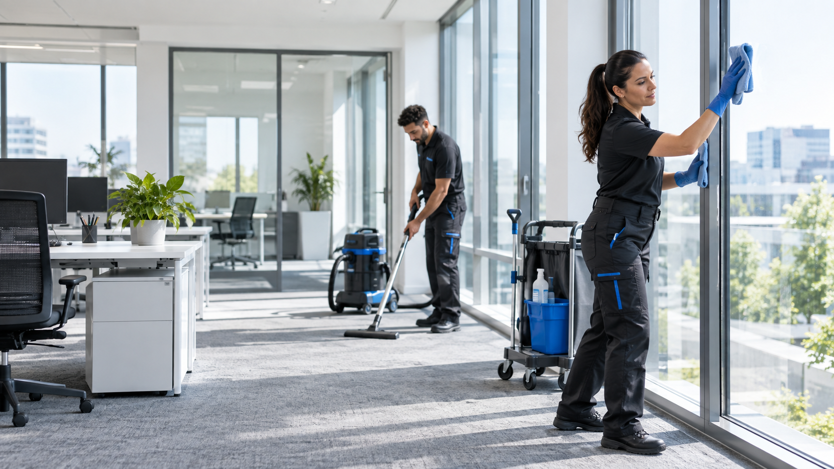 Professionelles Reinigungsteam bei der Büro- und Glasreinigung